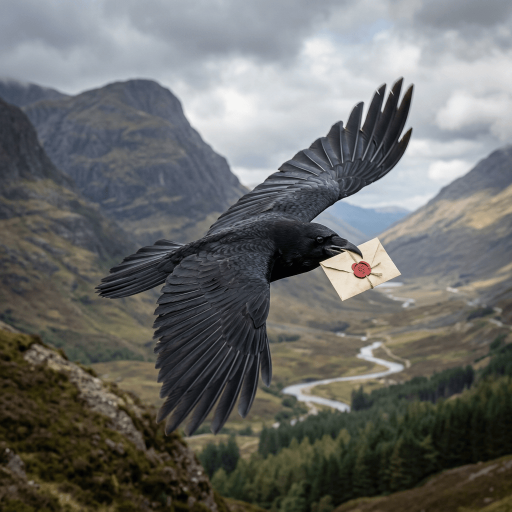 Raven flying with a small sealed envelope in its beak against mountain landscape