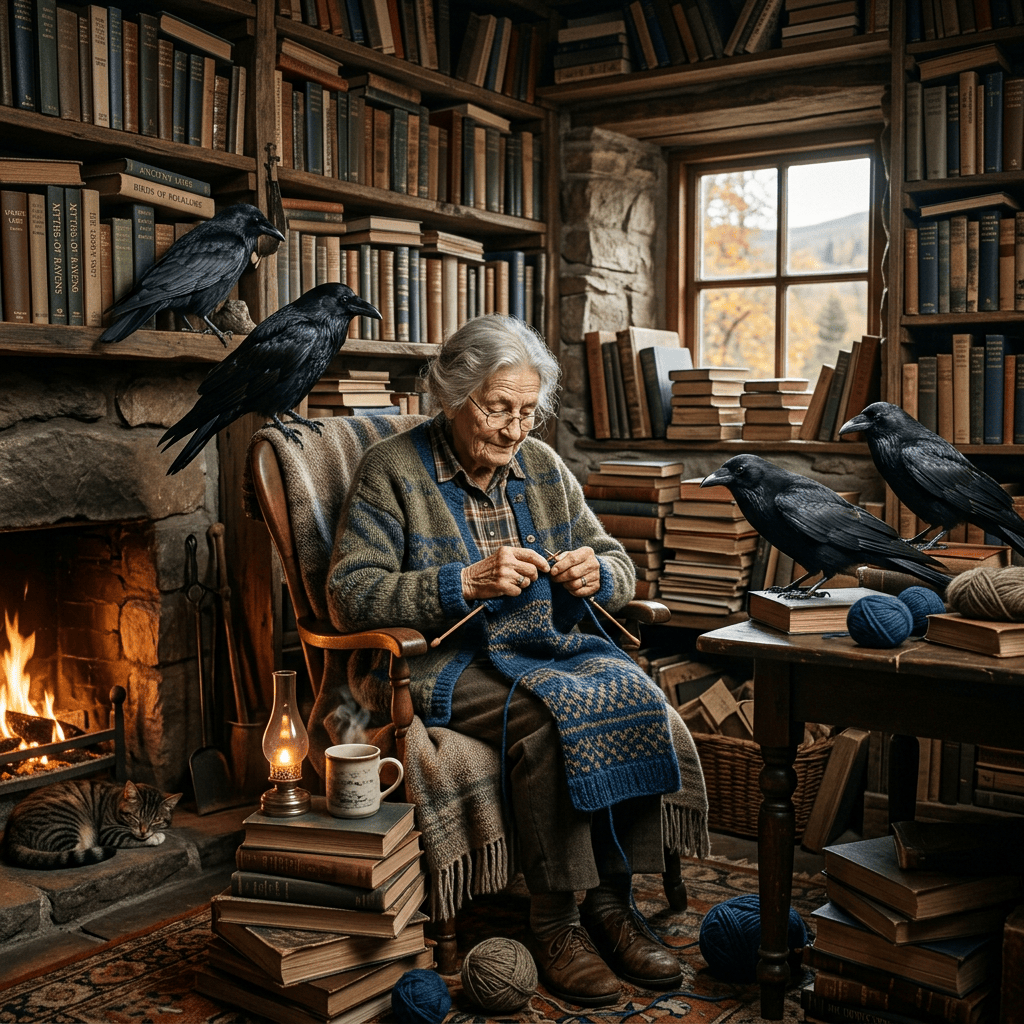 Elderly woman knitting in a book-filled cozy room with ravens perched nearby and a cat sleeping by a fireplace