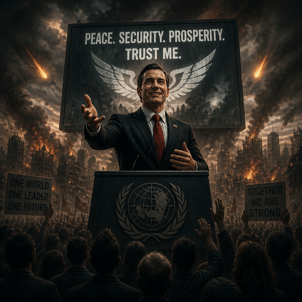 Leader at podium before burning city; sign reads “PEACE. SECURITY. PROSPERITY. TRUST ME.” Crowd signs read “ONE WORLD ONE LEADER ONE FUTURE” and “TOGETHER WE ARE STRONG.”