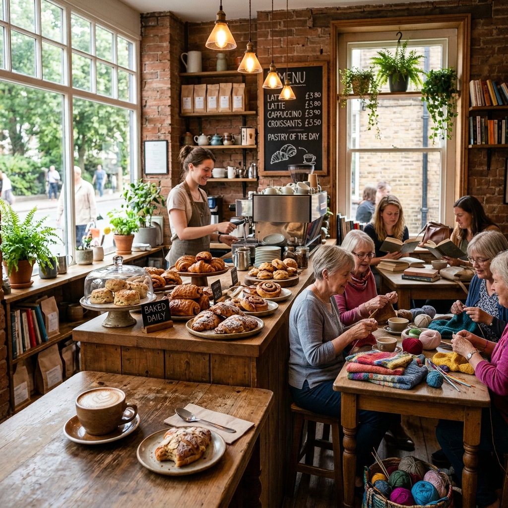 Barista serving coffee beside pastries in a cozy brick-walled café